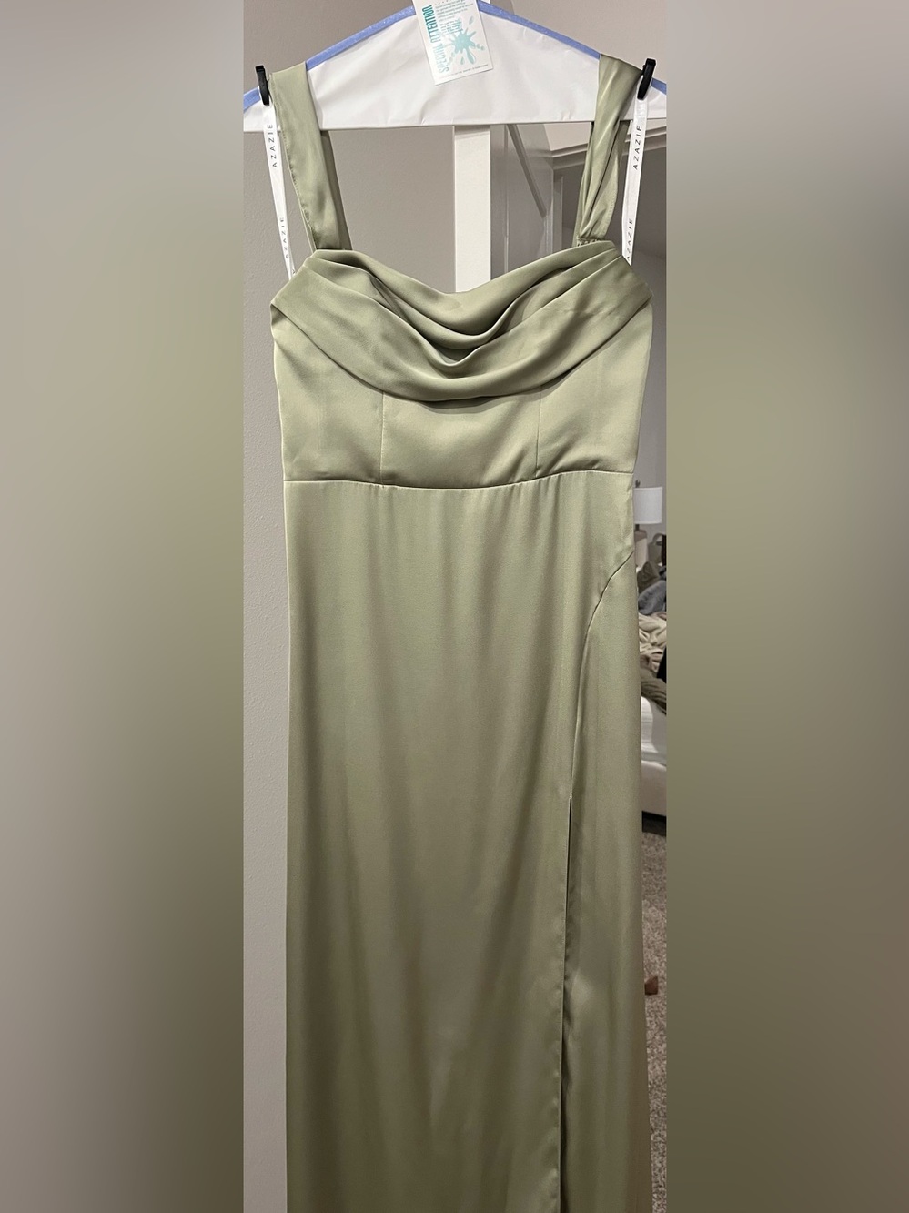 Azazie Stretch Satin Pistachio Dress